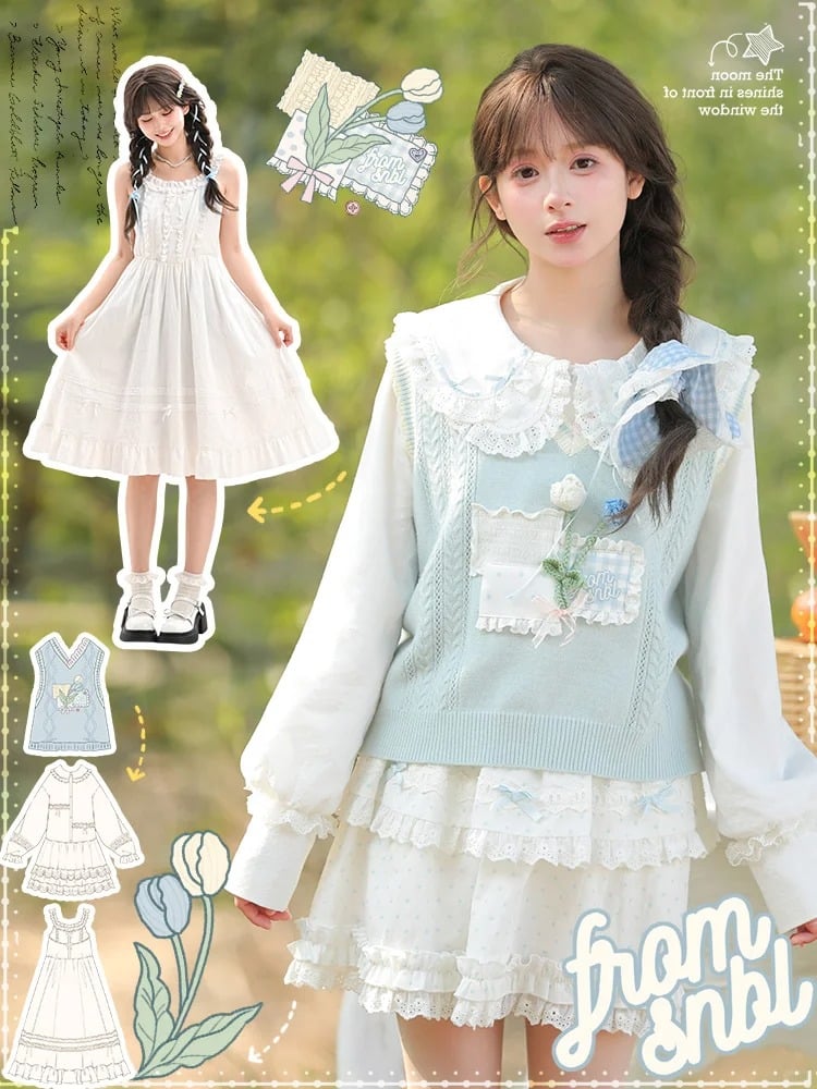 Gilet tricoté bleu à patchs en dentelle fleurie Yume Kawaii