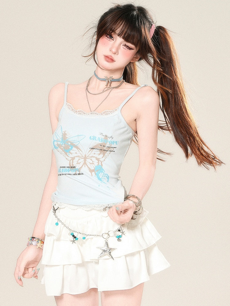 Glamorous Cami And Butterfly Lace Letter Print Top Trim Blue