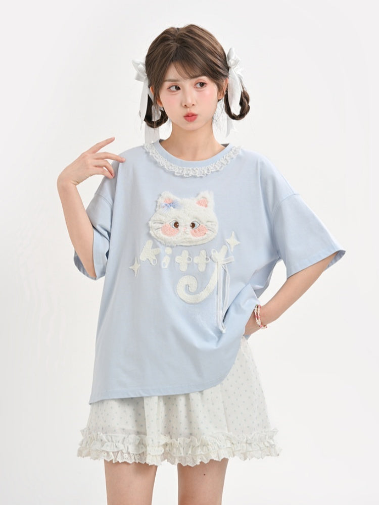 Long/Short Round Neck Plush Version Blue T-Shirt Cat Applique