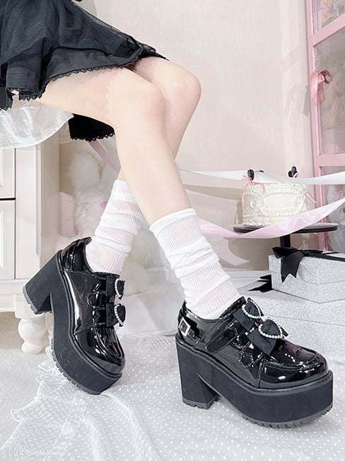 Polished Black Jirai Kei Rhinestone Heart Bowknots Velcro Strap Closures Landmine Style Platform Shoes