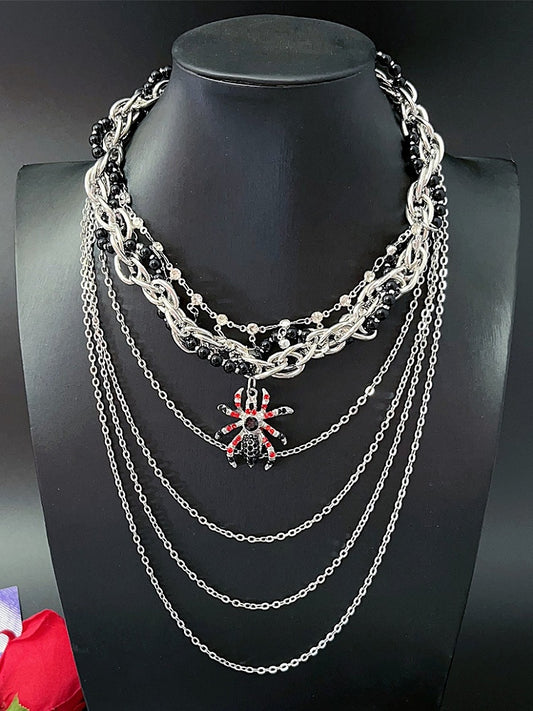 Pendant Necklace Beaded Decorated Silver Spider Rhinestone