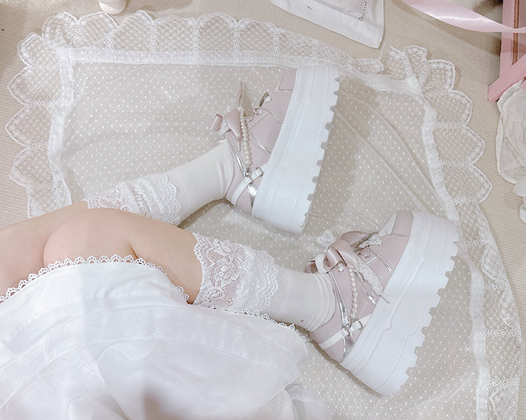 Chaussures à plateforme Jirai Kei en strass roses avec chaîne de perles amovible