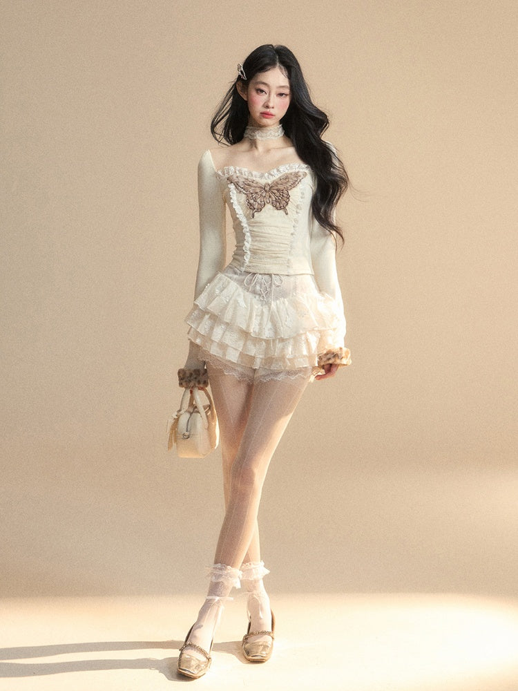 Apricot Lace Butterfly Embroidered Plush Cuff Glamorous Top Knitted Trim