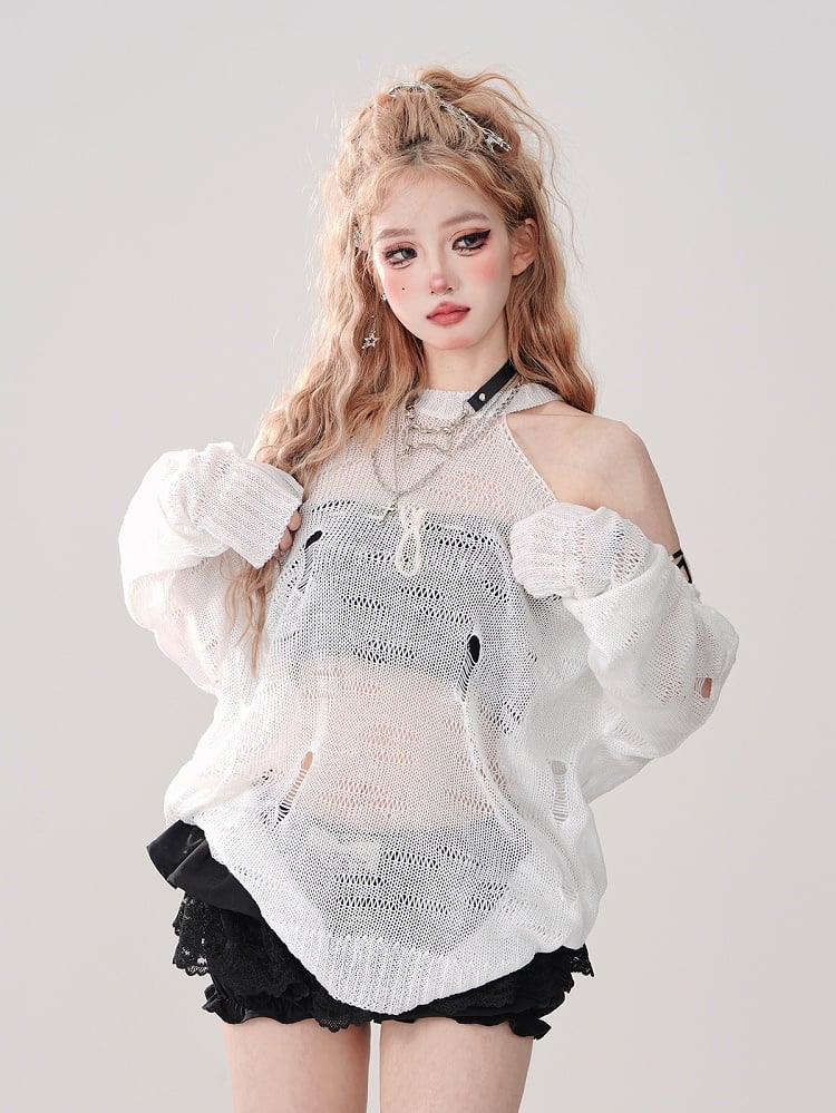 White Halter Neck Hollow-Out Knit Top with Cutout Shoulders
