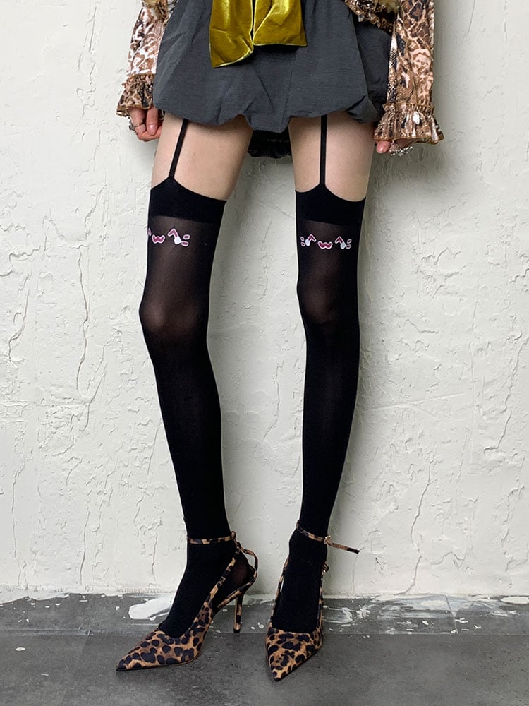 Schwarze Strumpfhose mit Strumpfhaltern im Y2K-Stil mit Kätzchen-Print