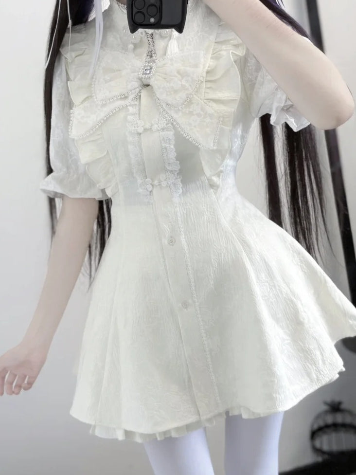 Tie+Hairclips Y2K Sleeves Dress+Shorts+Bow Kei Set-Cheongsam Collar Short White Jirai