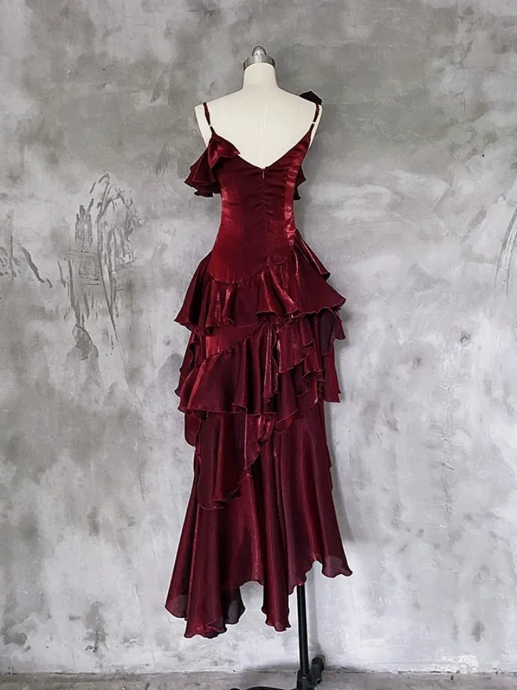 Red Shimmer Asymmetrical Layered Flounce Spaghetti Strap Prom Dress Evening Gown