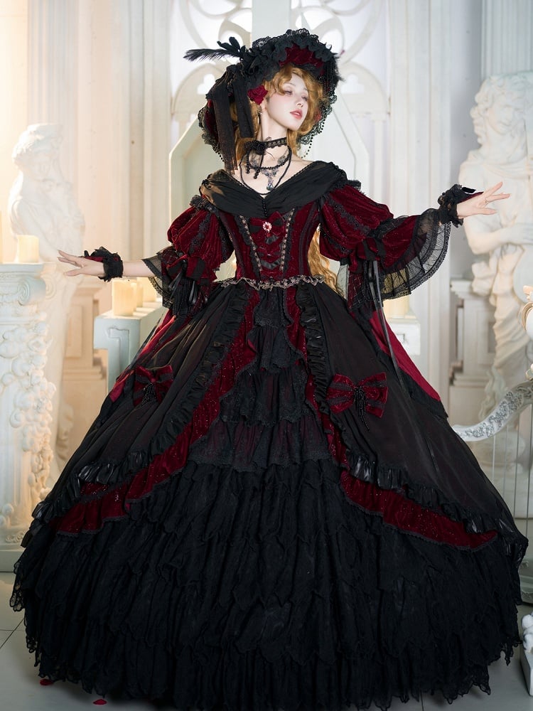 and Shimmering OP Full Set Gorgeous Black High-low Lolita Velvet Hanayome Red Dress