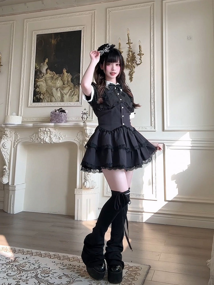 Shorts Faux Two-pieces and Dress Layered Kei Skirt Lace Black Jirai Striped Set- Trim