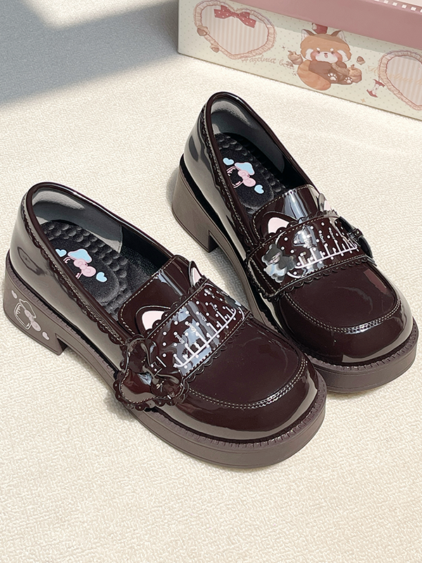 Shoes Style Design Mid-heel Ear Preppy - PU Bottle Cat Milk Print Brown Slip-On with Accents