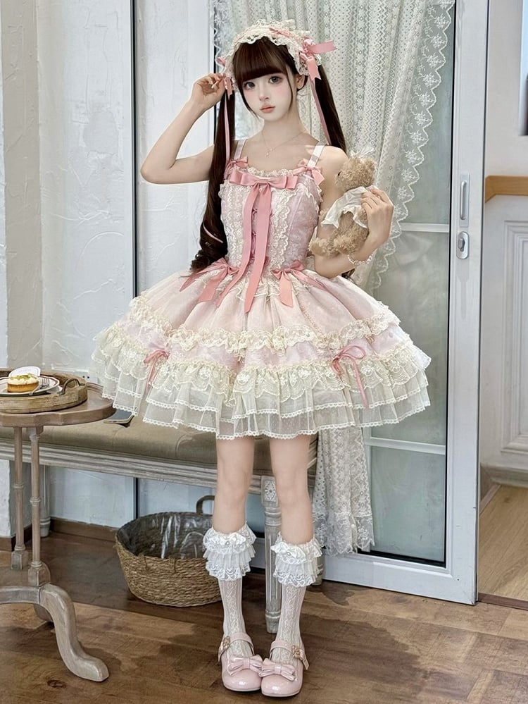 Dress Skirt Decorated Sweet Jumper Lolita Balletcore Pink Bowknots
