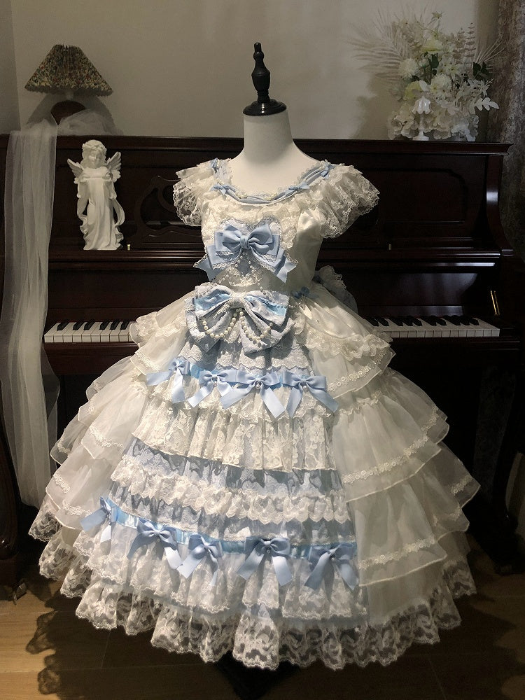 Bows and Skirt Decoration Dress Full Tiered Set Hanayome Blue White Lolita JSK Hime