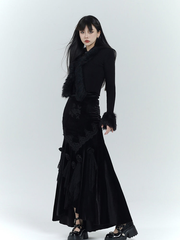 Gothic Black Velvet Rosette Lace Trim High-low Mermaid Skirt