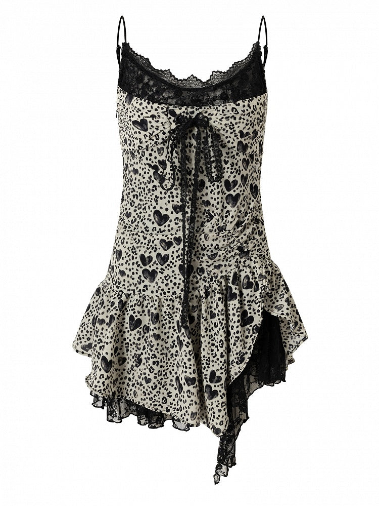 Self-tie Trim BlackWhite Asymmetrical Hem Strap Lace Cami Dress Print Glamorous Heart