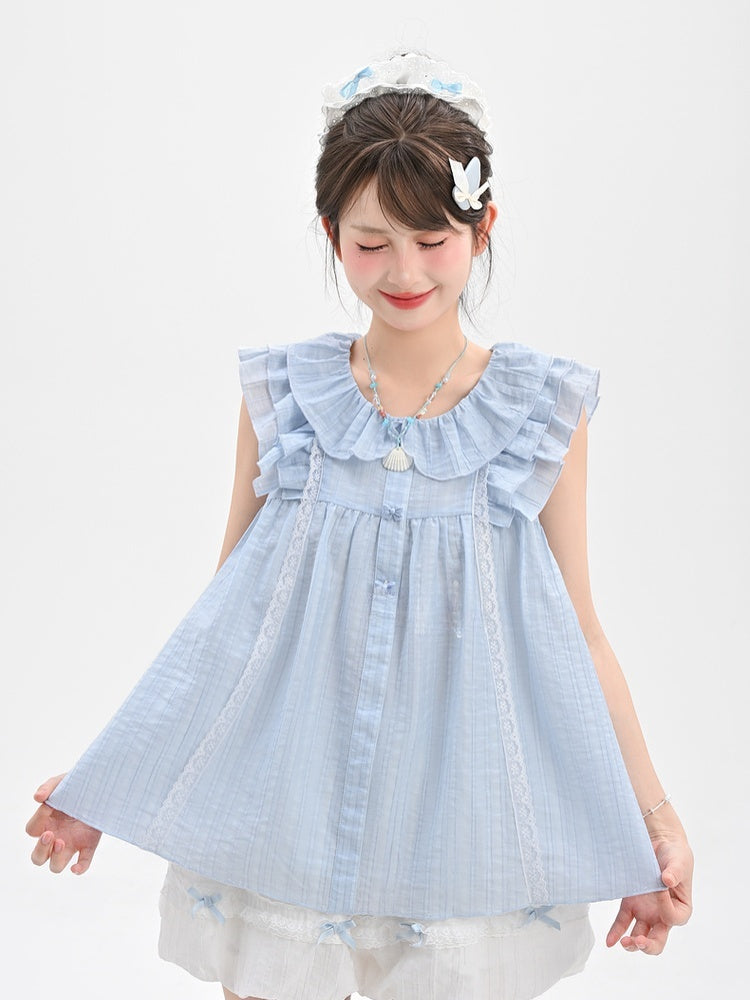 Sweet Tank Top Blue Peter Pan Collar Tiered Flutter Sleeves Bow Buttons