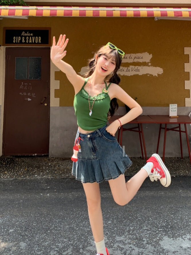 Waist Pleated Denim Skirt Blue High