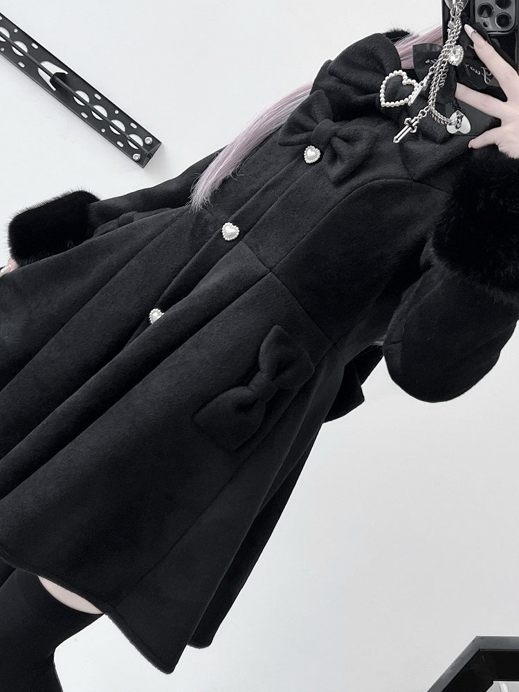 and Kei Plush Beaded Black Bowknot Collar Decorated Cuffs Details Jirai Coat