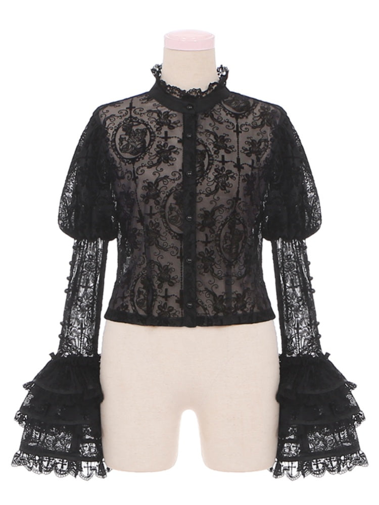 Gothic Lolita Kuro Black Floral Lace Blouse