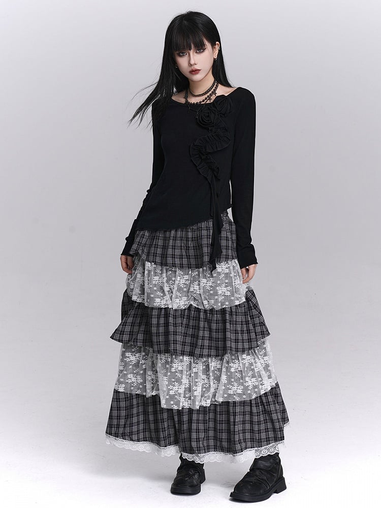 Tiered Skirt Black Layers White Maxi with Low-waist Plaid Lace