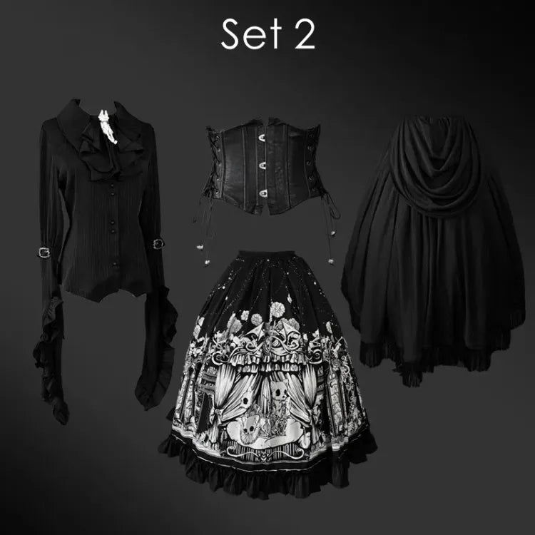 Sleeves Dark Belt Available Black Corset Gothic Plus Set Long - Full Lolita Skirt Sizes Shirt +