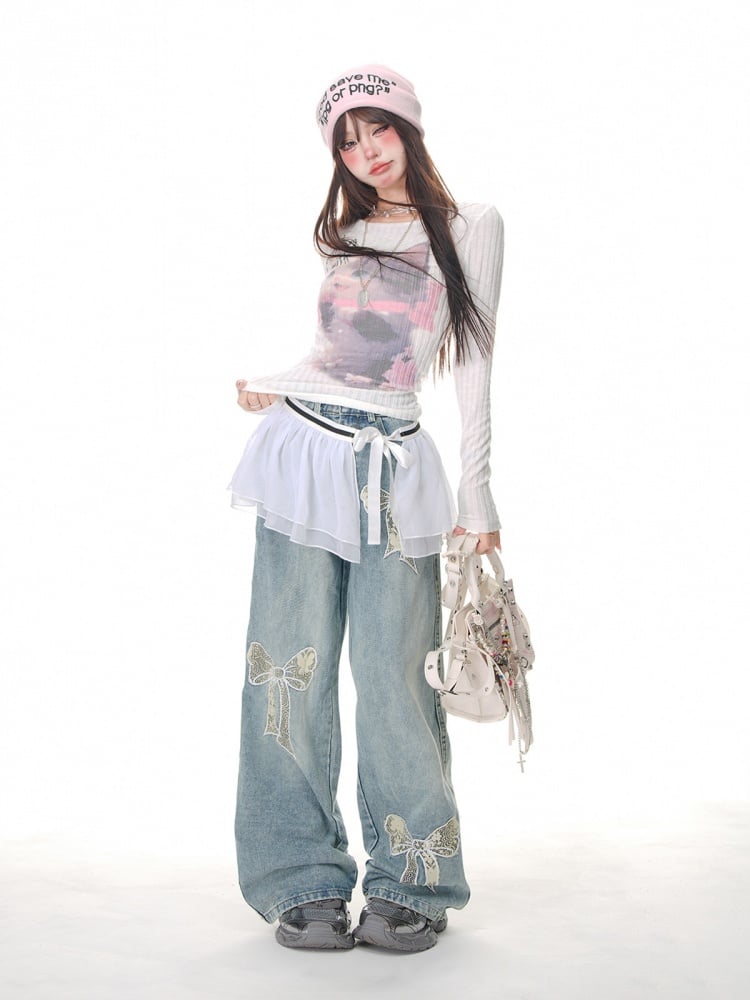 High Street Jeans mit weitem Bein und Spitzenschleife in Blau
