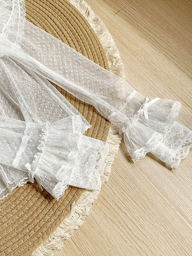 White Long Top Sleeves Tulle Sheer Dots Lace