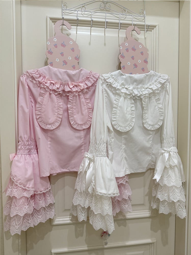 / Ears Collar Black Sleeves White Pink Bunny Long Shirt