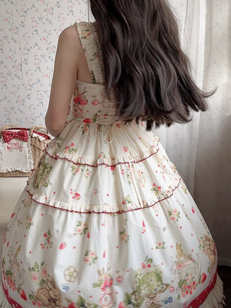 Bunny Pink House Dress Hemline Print Lolita Red Fashion and Strawberry