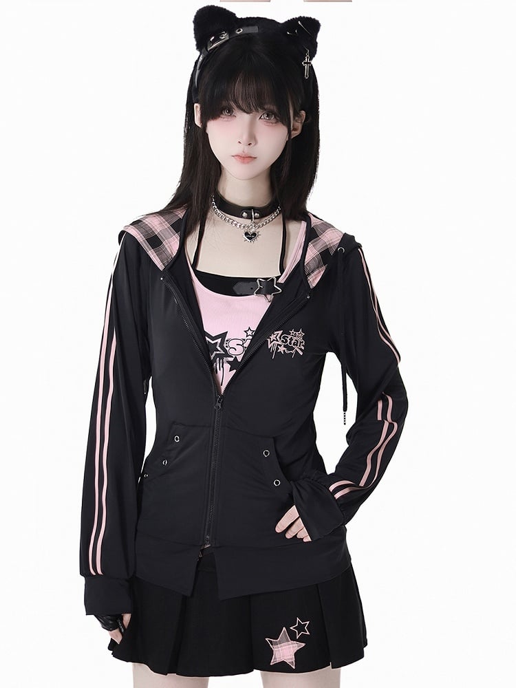 Rosa karierte Kapuze, schwarze Sternstickerei, Sonnenschutzjacke