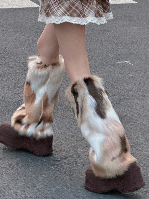White&Brown Y2K Shaggy Leg Warmers