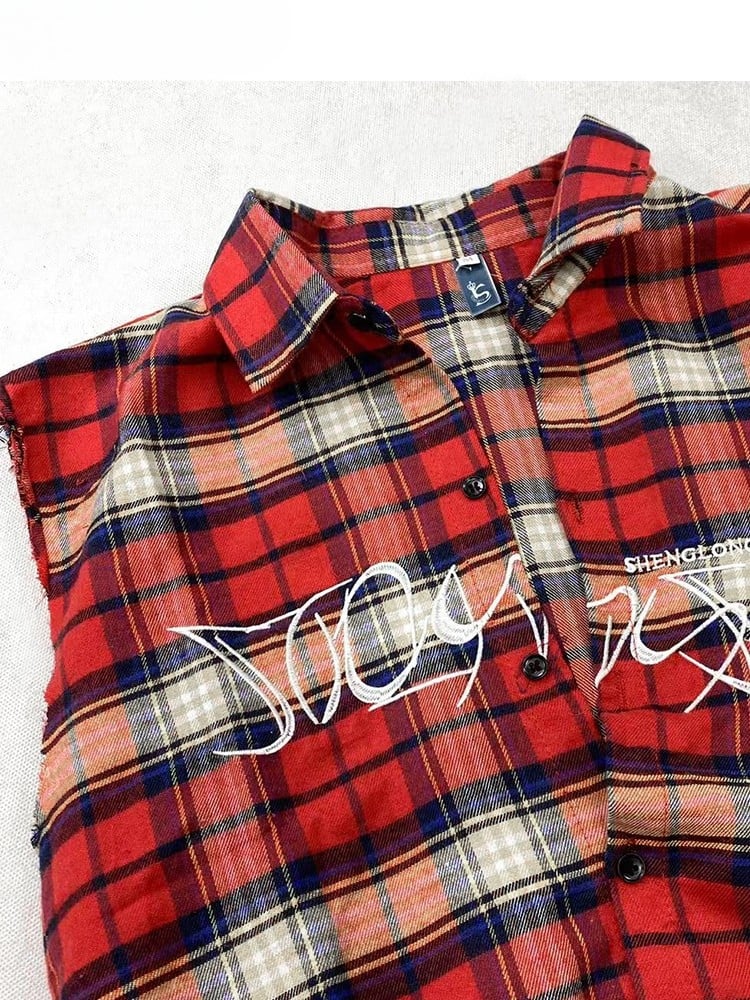 Letter Sleeveless Pattern Red Shirt Plaid Embroidery Y2K