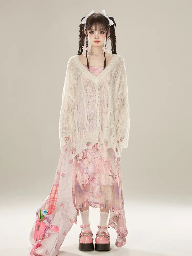 Pink Holiday Hem Asymmetrical Dress Butterfly Ruffle Midi Print