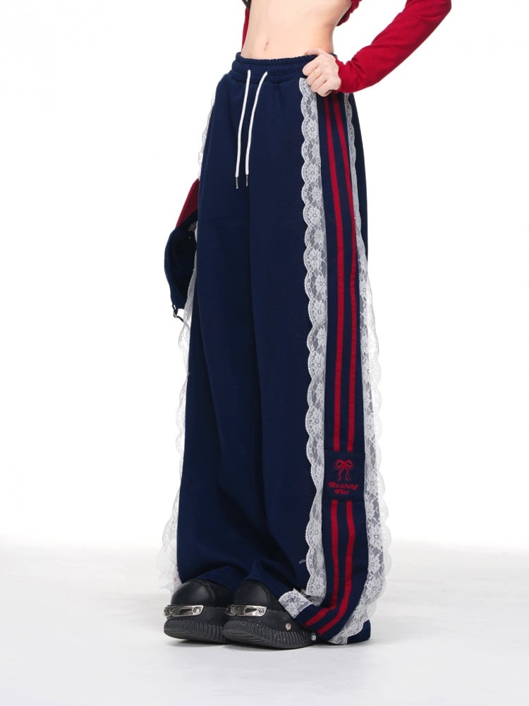 レーストリム ワイドレッグカット ブロックコアパンツ