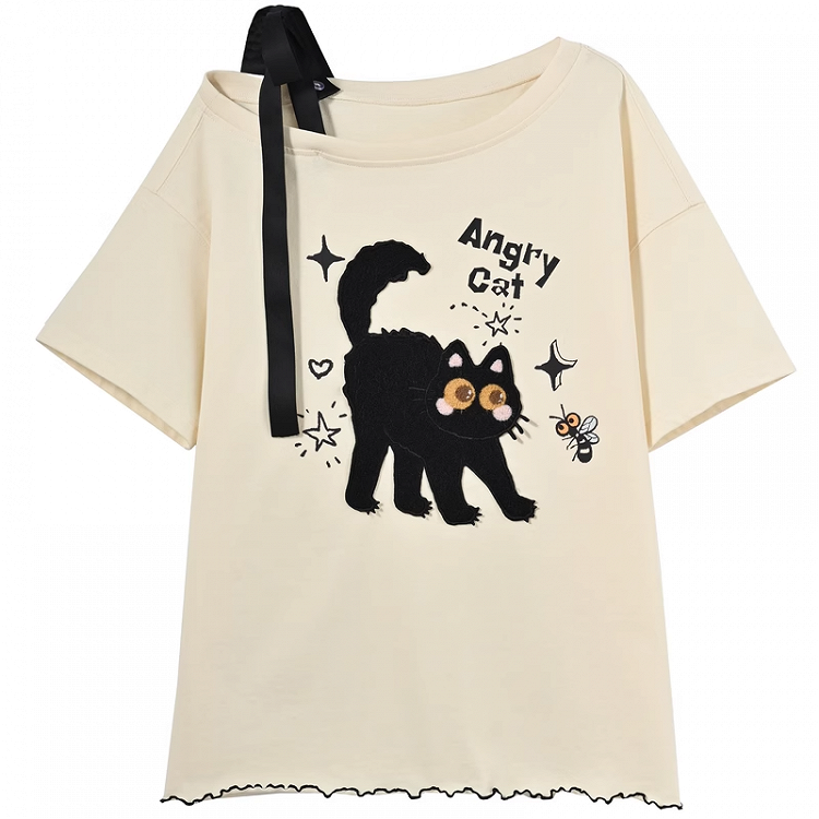 White/Beige Cat Pattern Lettuce Hem T-Shirt