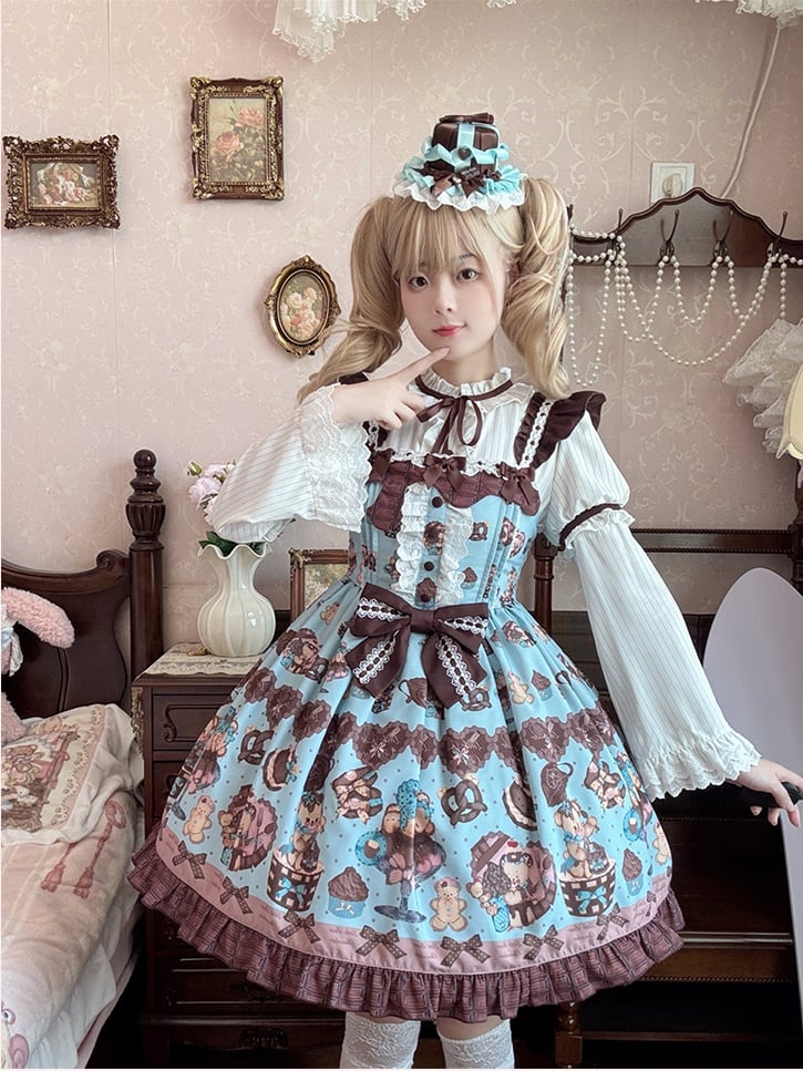 Lolita Dress Sleeves Vintage Teddy Bear Print Sweet Flutter Mint Green JSK