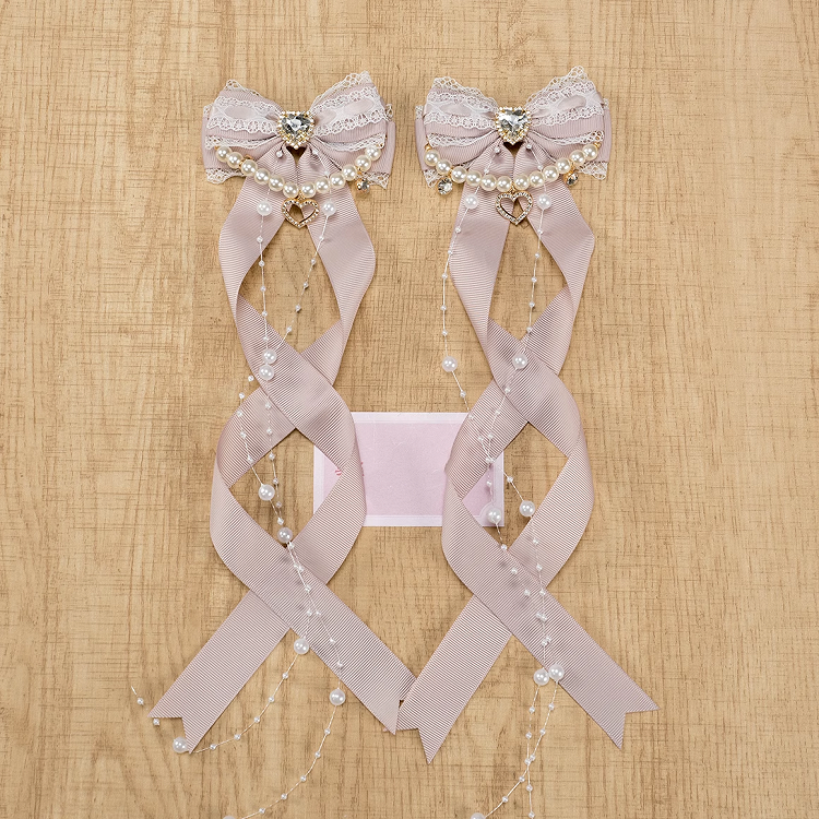 Rhinestone Bow Hairclips with Beaded Chains 5 Colors Jirai Kei Heart