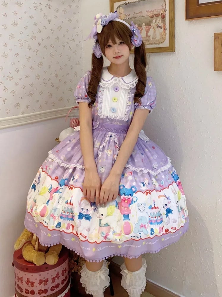 Lamb Clearance-Size L Dress Bear Print Sweet Collar 100CM Lolita and Purple Bust Pan for Peter Short Sleeves