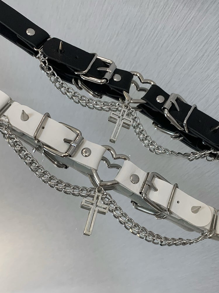 Buckles Studs Choker Cross Pendant Black/White Punk Details Design