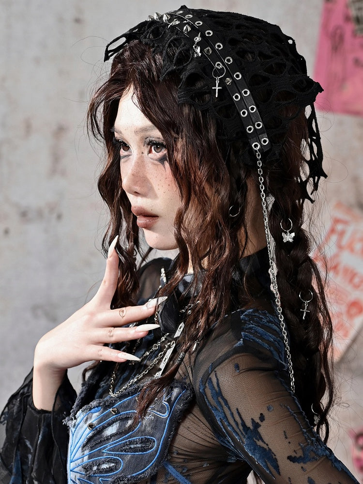 Grunge Punk Rock Schwarze Nieten Mesh Dreieckstuch KC Kreuz Charms Kettendetail