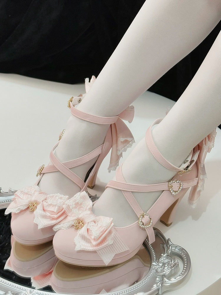Heart Heels Bow Pink Crisscross High Buckle at Top Design