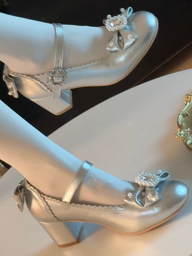 Schuhe Mary Runde Zehen Details Lolita Janes Perlen Silber Und Bowknot Verziert Strass