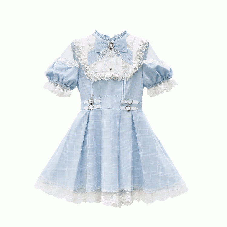 Blau kariert und Ausschnitt Schnürung mit Cutout Kei Light Kleid Jirai Schulter