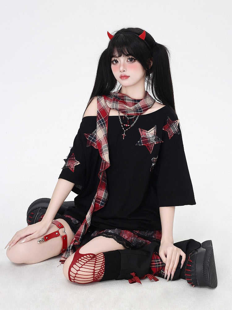 Glamorous Scarf Neckline with T-Shirt Red Plaid Star Appliques Black Asymmetrical