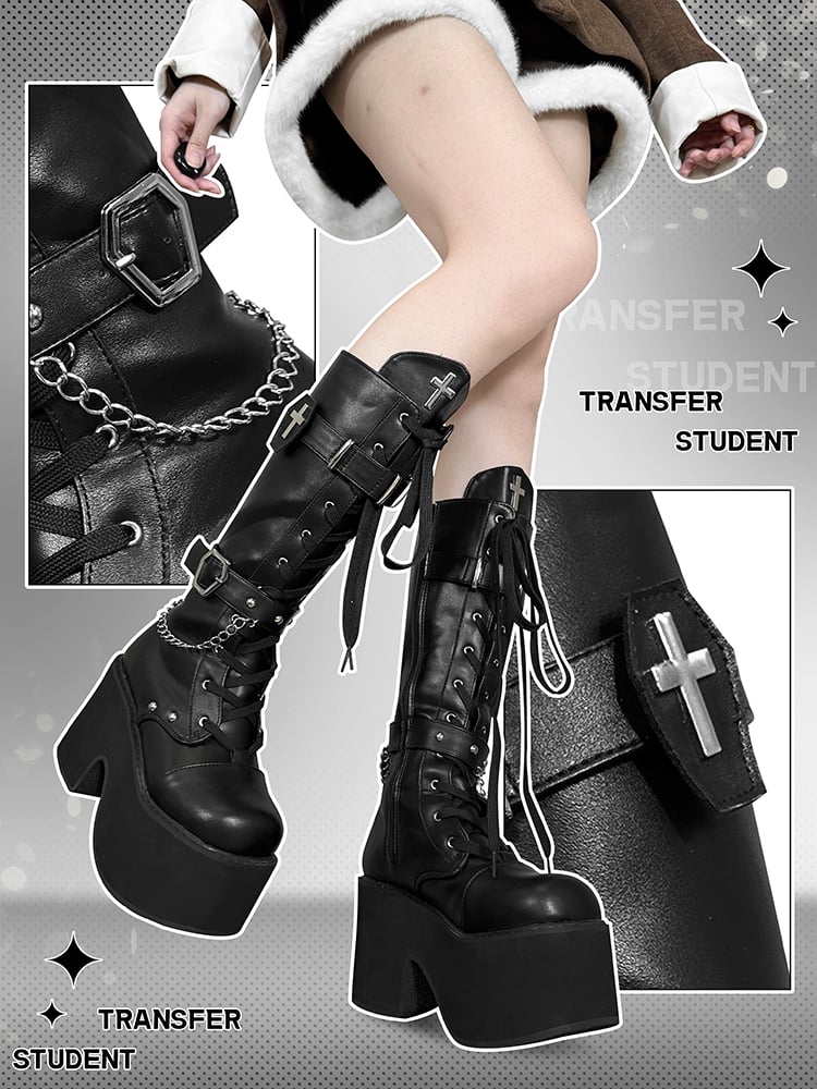 Schwarze Gothic Lolita Plateaustiefel mit Sargschnallenriemen und Kreuzverzierung