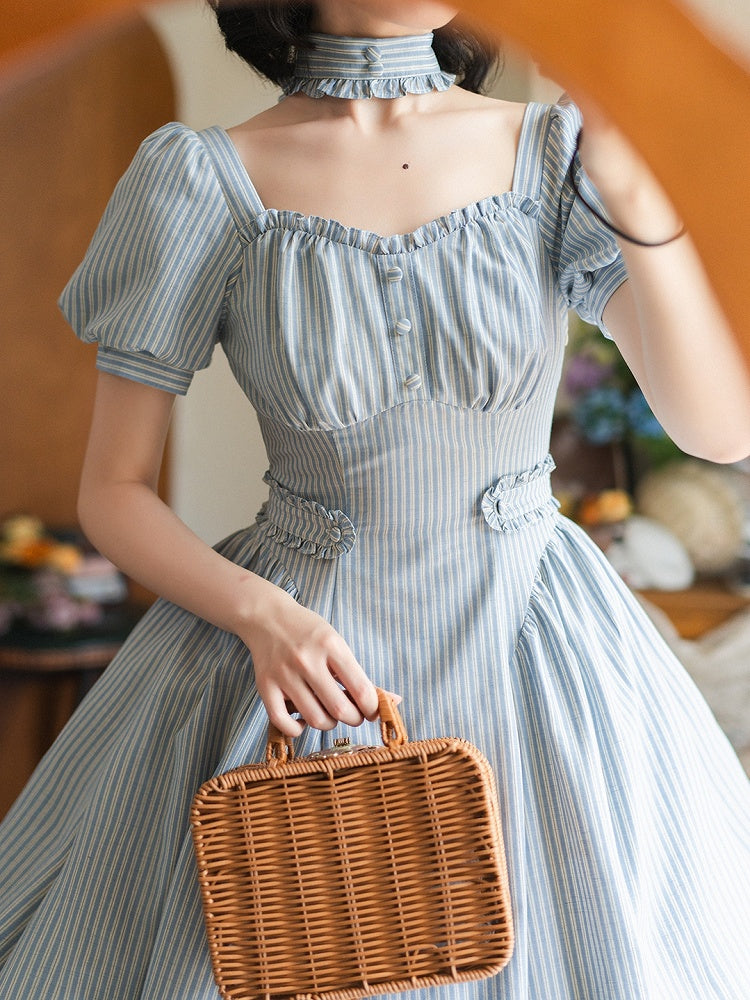 Neckline Sleeves Puff Retro Striped Fabric Blue Dress Square Fashion Vintage