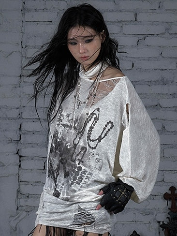 Distressed Beige/Khaki Top Neckline Punk Asymmetrical Sun Protection Wasteland Holes