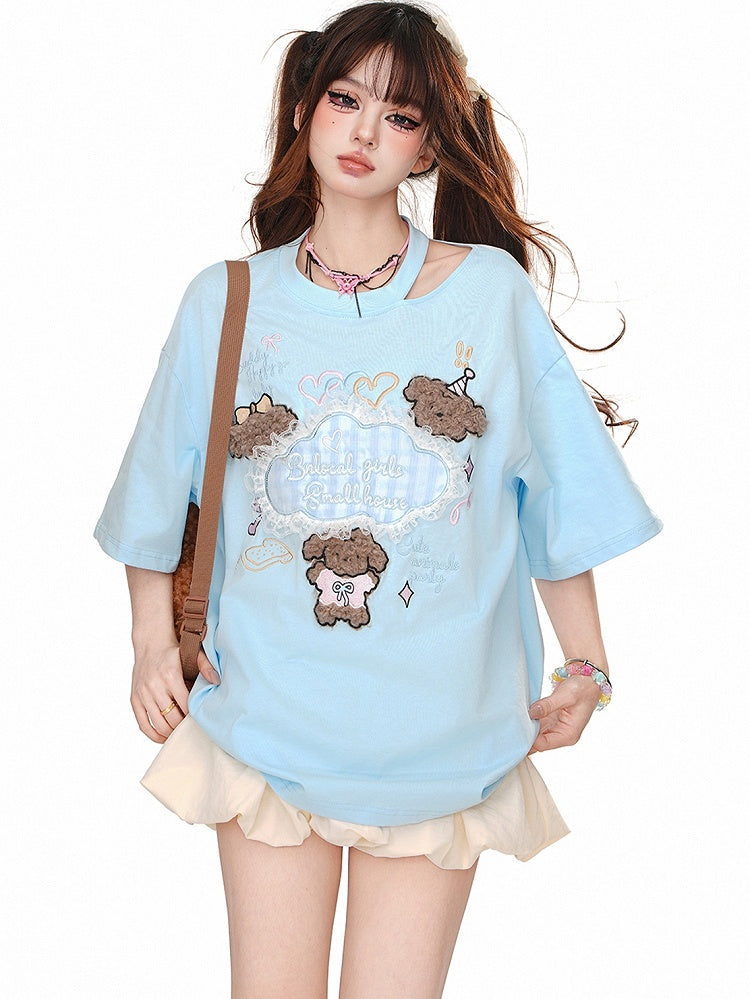 Blau/Apricot – Sommer-T-Shirt mit niedlichen Welpen-Applikationen und Cutout-Detail