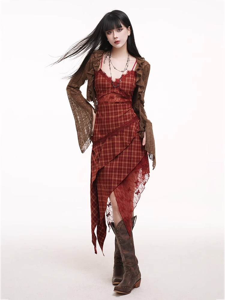 Handkerchief Hem Cutout Midriff Cami Dress Red Plaid V-neck