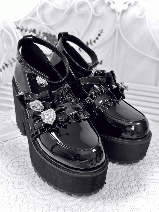 Platform Shoes with Bowknot and Heart Rhinestone Black Polished Decoration Style Landmine