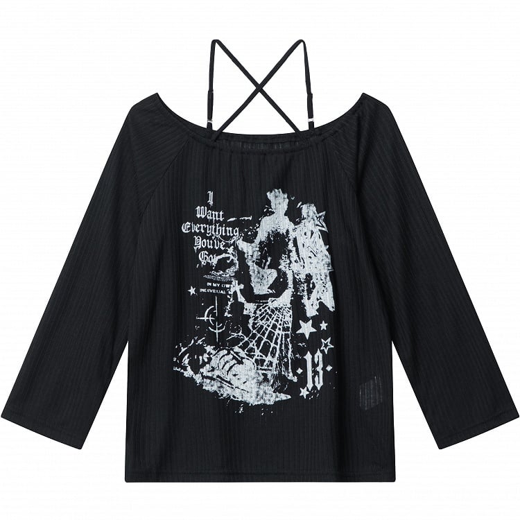 Off-Shoulder Black Knit Top with Cross Halter and Letter Print